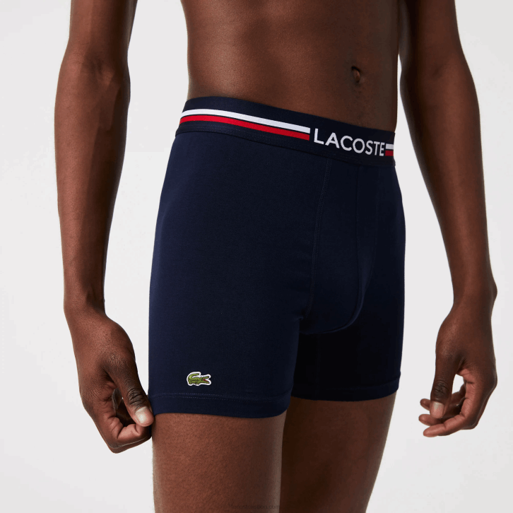 homens Lacoste azul marinho branco 525 cueca boxer de jérsei de algodão elástico longo pacote com 3 08D01424