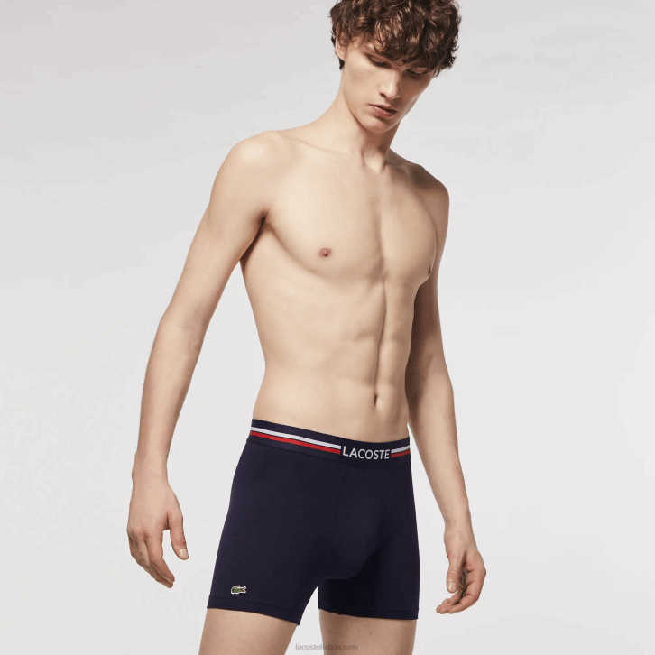 homens Lacoste azul marinho branco 525 cueca boxer de jérsei de algodão elástico longo pacote com 3 08D01424