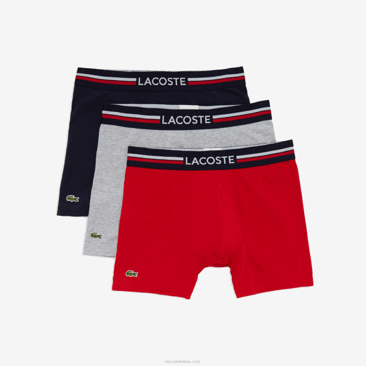 homens Lacoste azul marinho cinza chine vermelho w34 cueca boxer longa de algodão com 3 unidades 08D01420