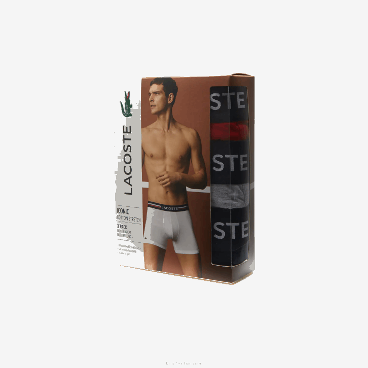 homens Lacoste azul marinho cinza chine vermelho w34 cueca boxer longa de algodão com 3 unidades 08D01420