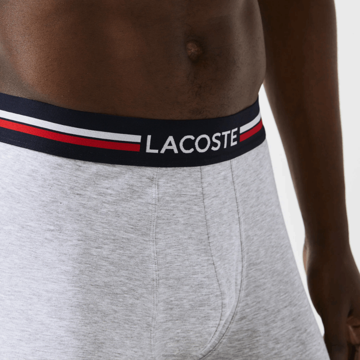 homens Lacoste azul marinho cinza chine vermelho w34 cueca boxer longa de algodão com 3 unidades 08D01420