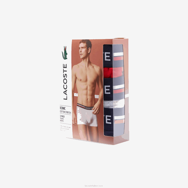homens Lacoste azul marinho cinza chine vermelho w34 icônico baú com cós tricolor pacote com 3 08D01347