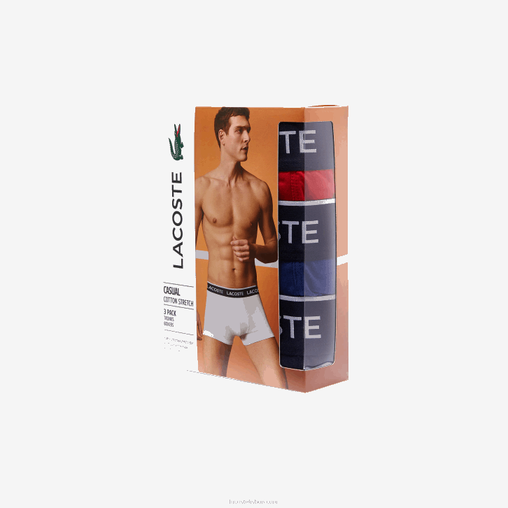 homens Lacoste azul marinho vermelho azul marinho w64 cueca boxer casual com 3 pacotes 08D01610