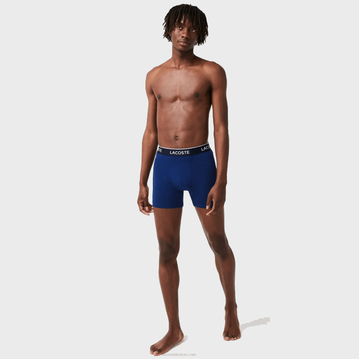 homens Lacoste azul marinho vermelho azul marinho w64 cueca boxer de algodão elástico longo com 3 unidades 08D01404