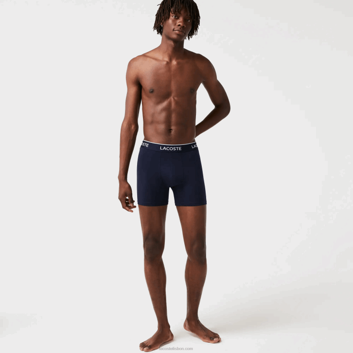 homens Lacoste azul marinho vermelho azul marinho w64 cueca boxer de algodão elástico longo com 3 unidades 08D01404