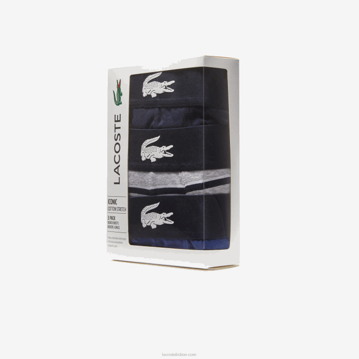 homens Lacoste branco cinza chine azul marinho bck cueca boxer de algodão elástico cintura de crocodilo pacote com 3 08D01369