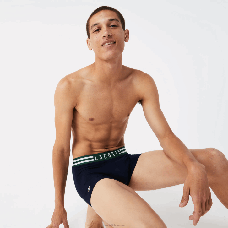 homens Lacoste chine cinza branco azul marinho tya baú de algodão com cintura listrada pacote com 3 08D01396