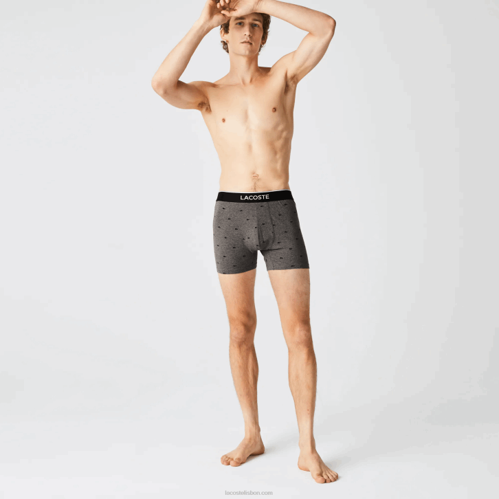homens Lacoste lombo cinza preto vdp cueca boxer de algodão elástico de cintura de marca pacote com 3 08D01429