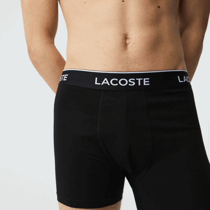 homens Lacoste preto 031 cueca boxer de algodão elástico longo com 3 unidades 08D01406