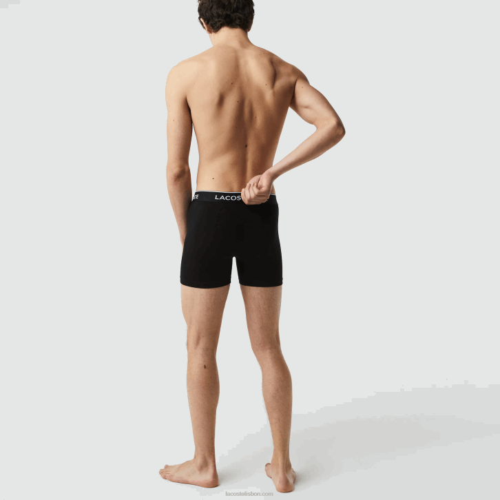 homens Lacoste preto 031 cueca boxer de algodão elástico longo com 3 unidades 08D01406