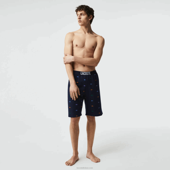 homens Lacoste qrn branco azul marinho shorts indoor de lã de algodão com estampa de crocodilos 08D01499