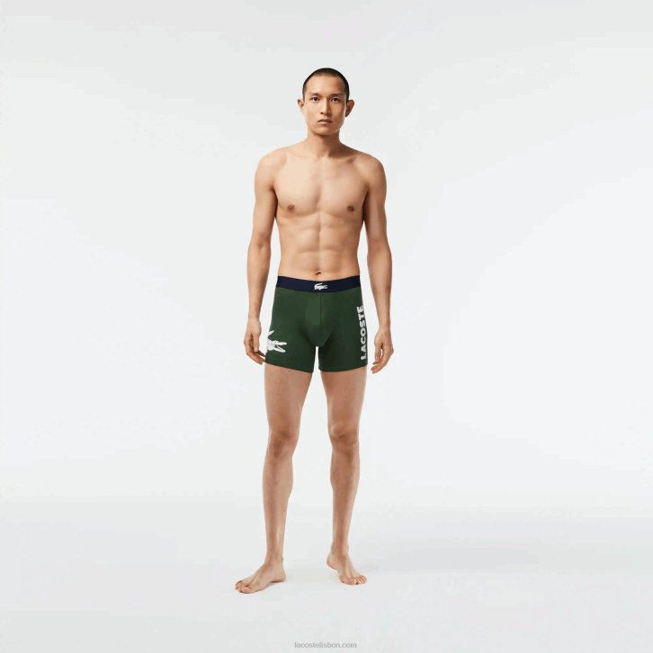 homens Lacoste verde azul marinho branco p52 cueca boxer de algodão elástico cintura de crocodilo pacote com 3 08D01368