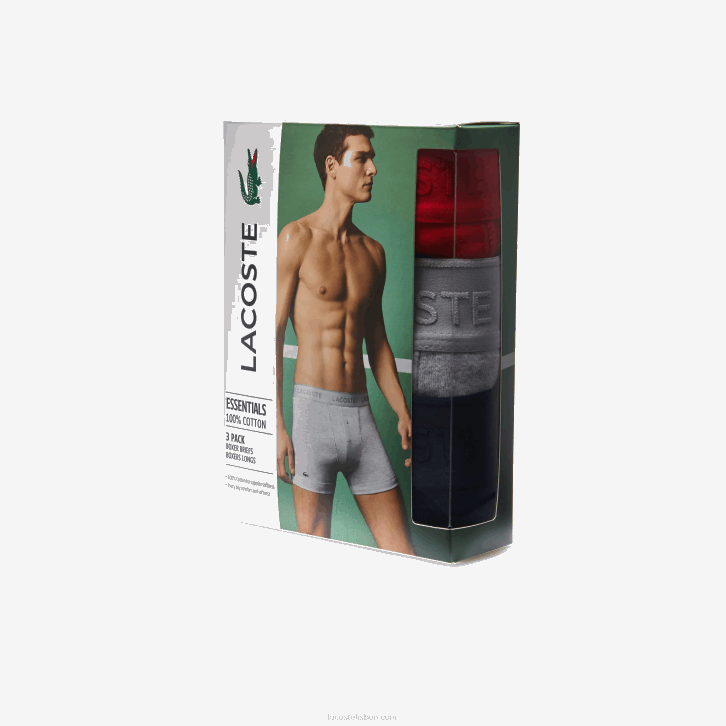 homens Lacoste vermelho cinza chine azul marinho w46 cueca boxer de algodão com cintura com letras pacote com 3 08D01357