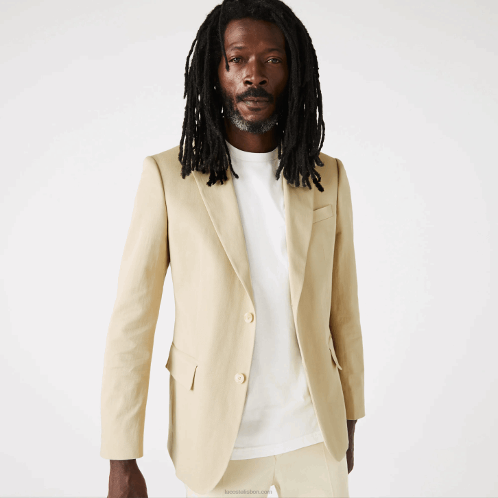 homens Lacoste anos 68 bege Blazer plissado de algodão e linho 08D01305