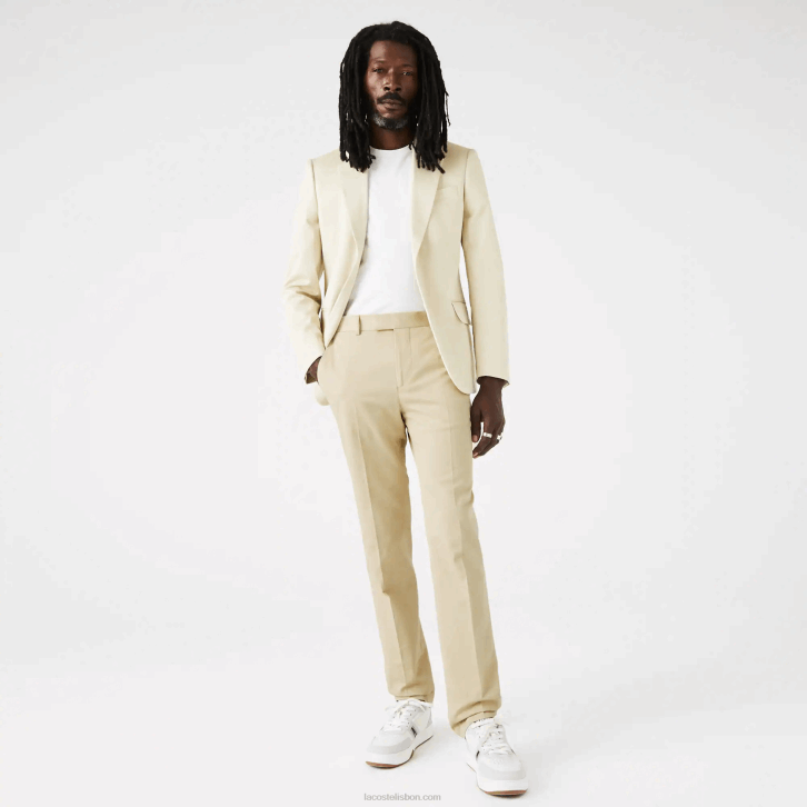 homens Lacoste anos 68 bege calça plissada mistura de algodão e linho 08D01642