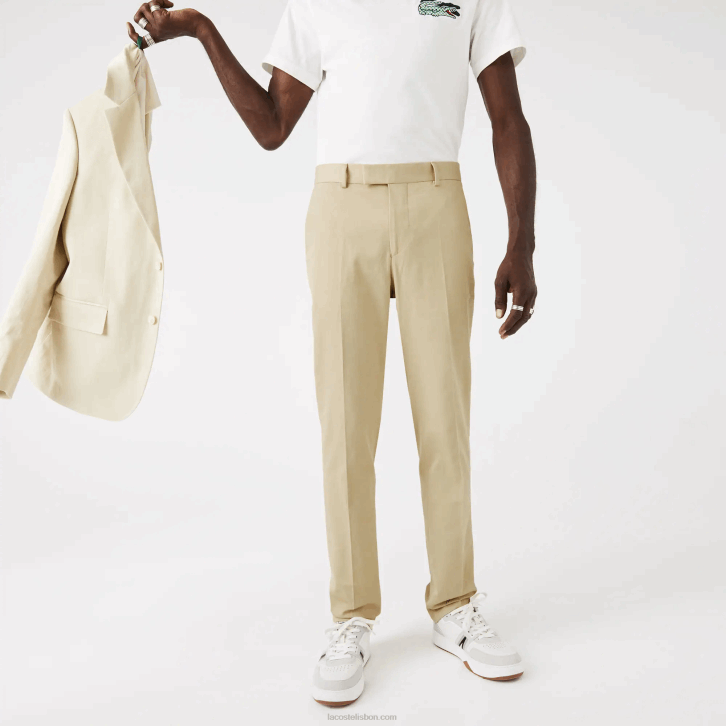 homens Lacoste anos 68 bege calça plissada mistura de algodão e linho 08D01642