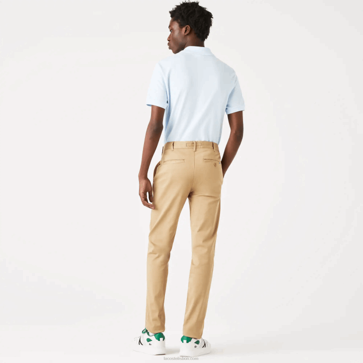 homens Lacoste bege 02s novas calças clássicas de algodão elástico de ajuste fino 08D0479