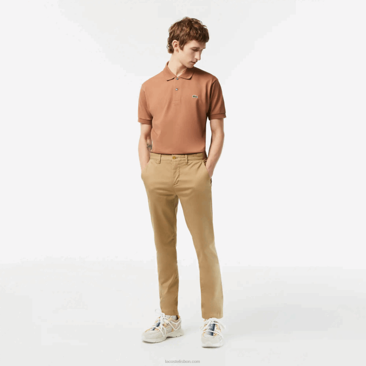 homens Lacoste bege cb8 novas calças clássicas de algodão elástico de ajuste fino 08D0476