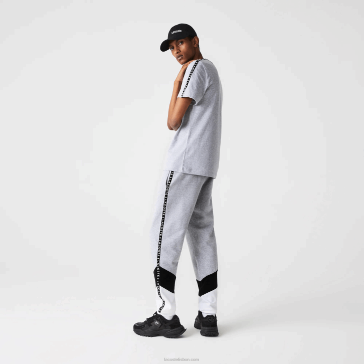 homens Lacoste chine cinza preto branco sj1 calças de jogging de lã colorblock listradas de assinatura 08D01148