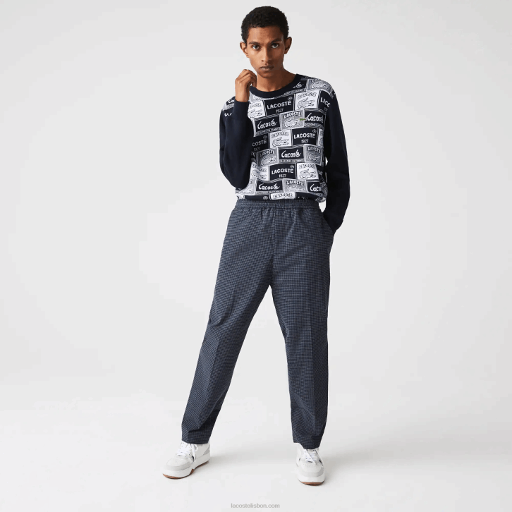homens Lacoste qrn branco azul marinho calças jogging de algodão stretch xadrez Heritage 08D01167