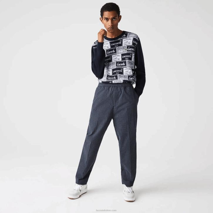 homens Lacoste qrn branco azul marinho calças jogging de algodão stretch xadrez Heritage 08D01167