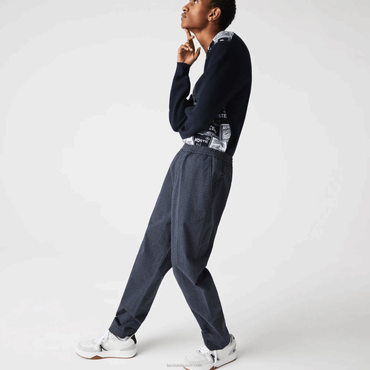 homens Lacoste qrn branco azul marinho calças jogging de algodão stretch xadrez Heritage 08D01167
