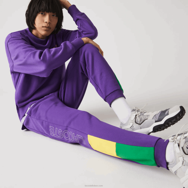 homens Lacoste roxo amarelo verde 1cv calças de jogging de lã colorblock de marca 08D01107
