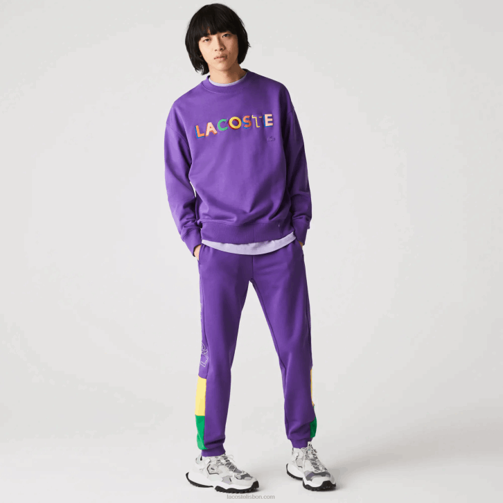 homens Lacoste roxo amarelo verde 1cv calças de jogging de lã colorblock de marca 08D01107