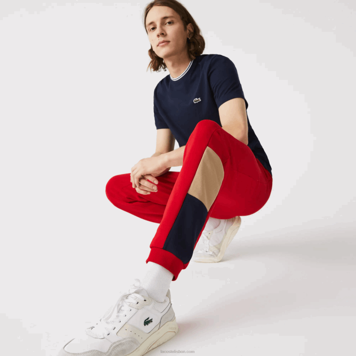 homens Lacoste vermelho bege azul marinho 1fu calças de jogging de lã colorblock de marca 08D01109