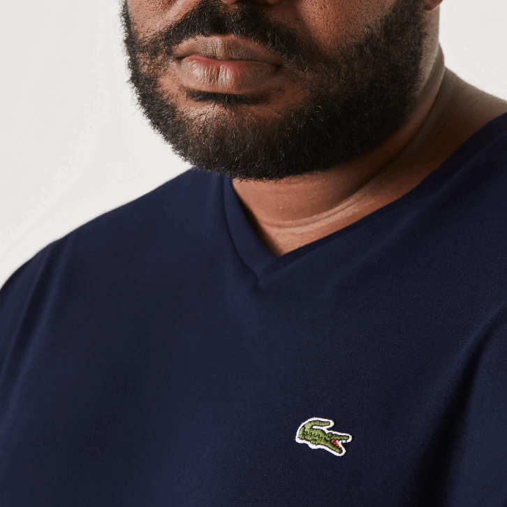 homens Lacoste azul marinho 166 camisa polo de algodão com decote em v canelado regular fit (tamanho grande) 08D0732