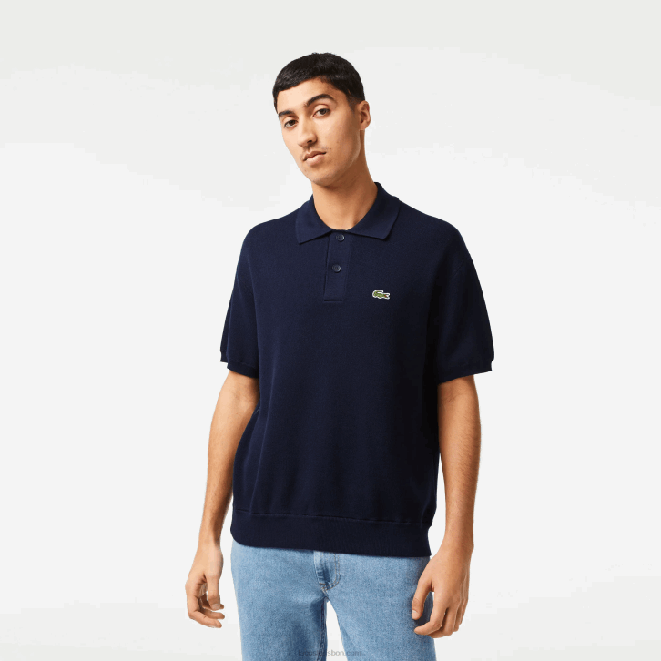 homens Lacoste azul marinho 423 polo de listras de algodão orgânico 08D0440