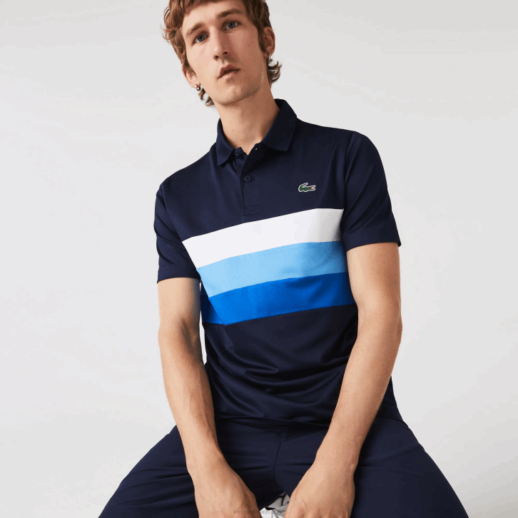 homens Lacoste azul marinho azul zf2 polo esportivo de golfe com listras tricolores 08D0826