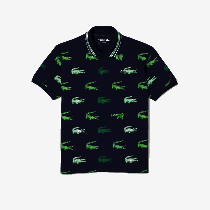 homens Lacoste azul marinho branco verde xif polo com estampa de crocodilo de golfe 08D0203