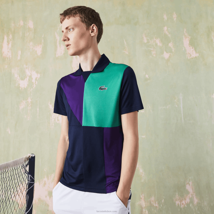 homens Lacoste azul marinho roxo verde xc3 pólo de tênis esportivo ultra-dry piquê 08D0784