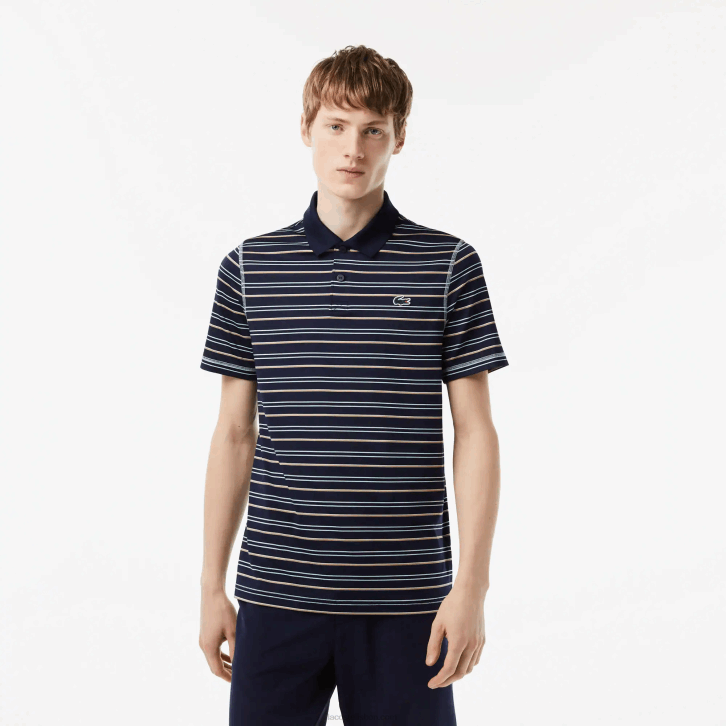 homens Lacoste azul marinho verde branco bege yie pólo listrado de poliéster reciclado de golfe 08D0116