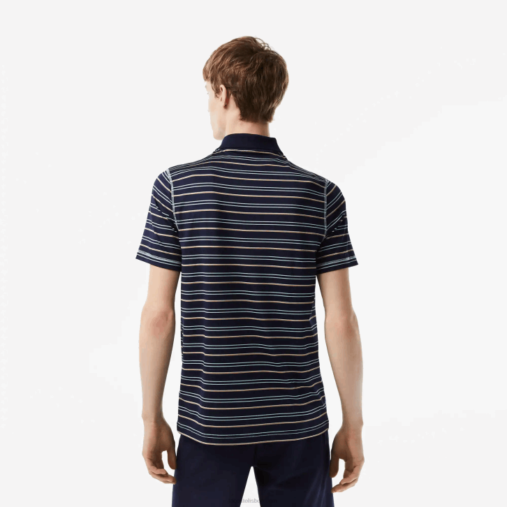 homens Lacoste azul marinho verde branco bege yie pólo listrado de poliéster reciclado de golfe 08D0116