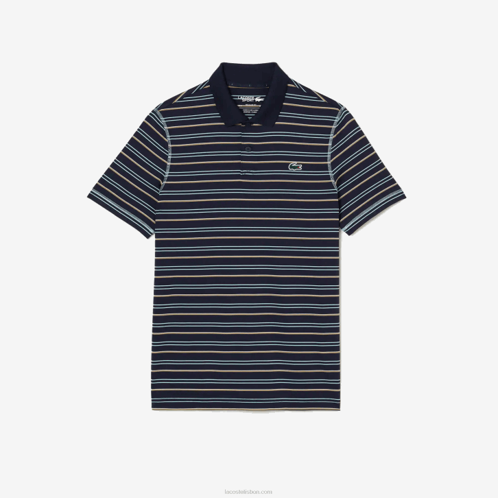 homens Lacoste azul marinho verde branco bege yie pólo listrado de poliéster reciclado de golfe 08D0116