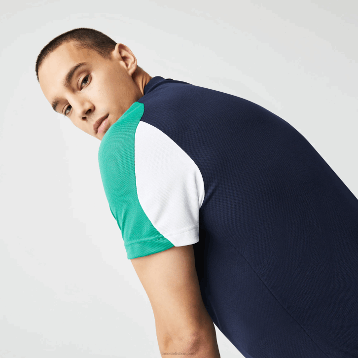 homens Lacoste azul marinho verde branco yj2 polo de tênis piquê esporte regular fit resistente a corrida 08D0557