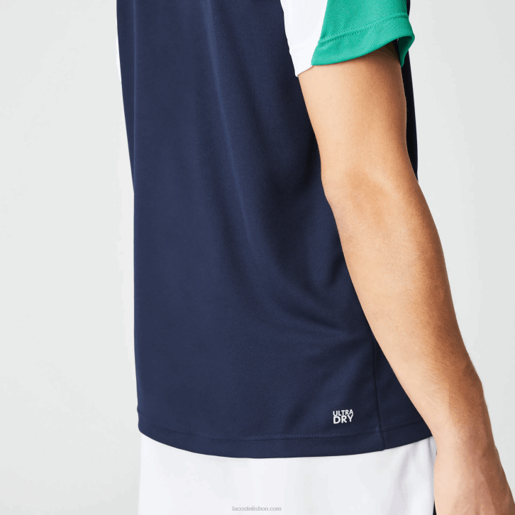 homens Lacoste azul marinho verde branco yj2 polo de tênis piquê esporte regular fit resistente a corrida 08D0557