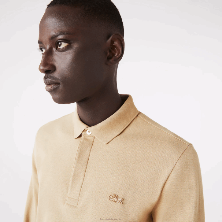 homens Lacoste bege 02s polo smart paris manga longa em piquê de algodão elástico 08D01297
