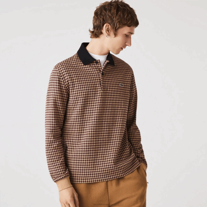 homens Lacoste bege azul marinho bordeaux v40 polo com estampa xadrez de ajuste relaxado 08D0924