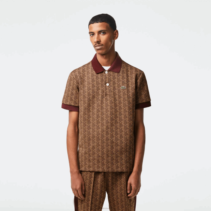 homens Lacoste bege bordeaux mkj polo clássico com estampa de monograma 08D071