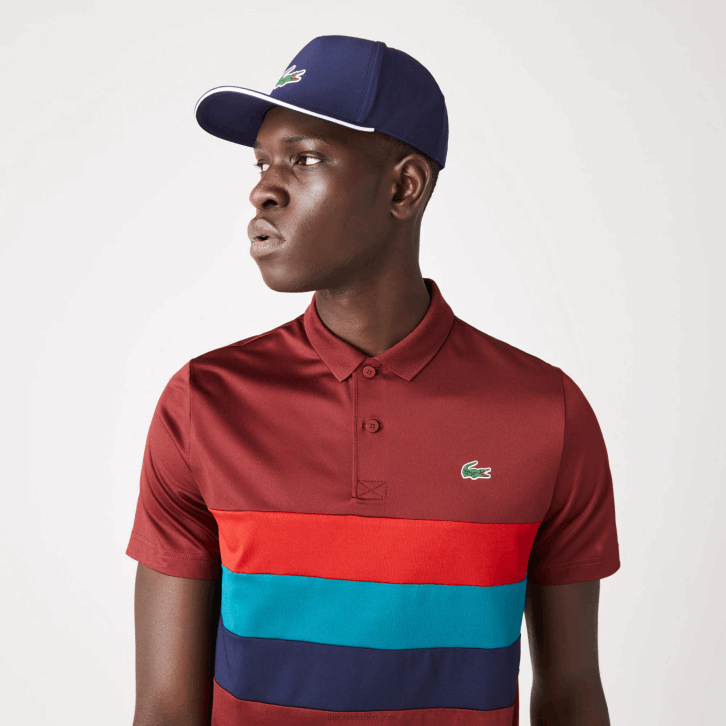 homens Lacoste bordeaux vermelho verde azul yjy polo esportivo de golfe com listras tricolores 08D0825
