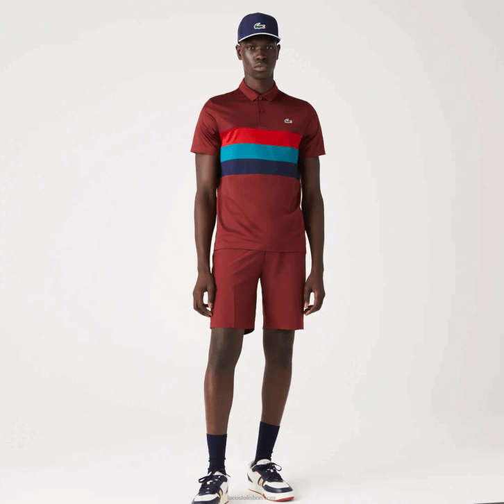 homens Lacoste bordeaux vermelho verde azul yjy polo esportivo de golfe com listras tricolores 08D0825