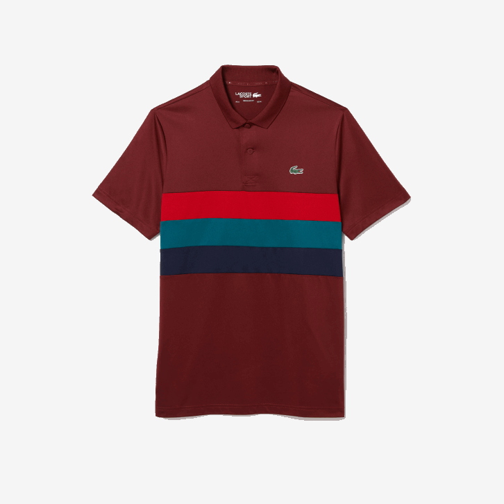 homens Lacoste bordeaux vermelho verde azul yjy polo esportivo de golfe com listras tricolores 08D0825