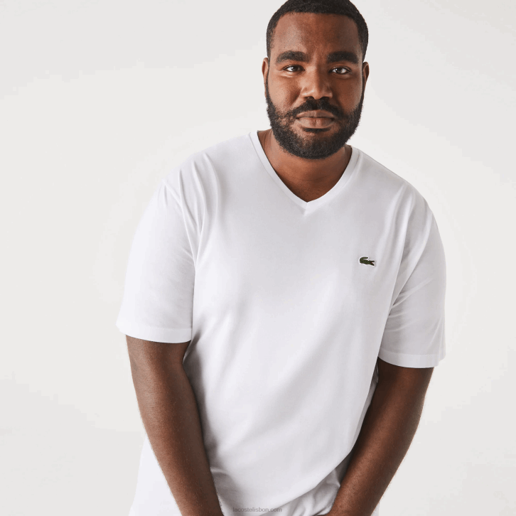 homens Lacoste branco 001 camisa polo de algodão com decote em v canelado regular fit (tamanho grande) 08D0707