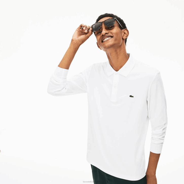 homens Lacoste branco 001 polo de manga longa de algodão pima de ajuste regular 08D0859