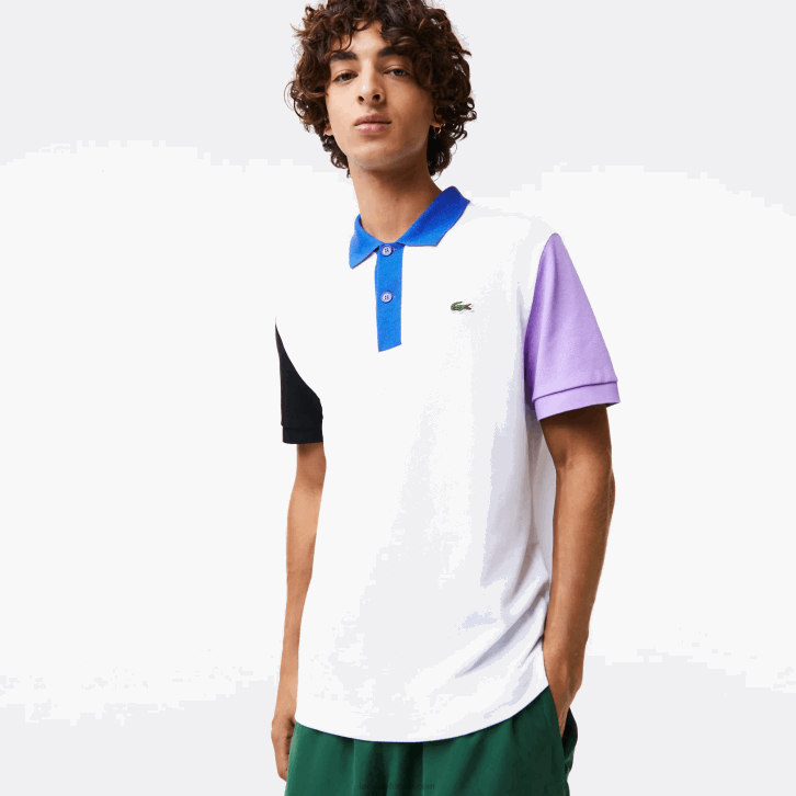 homens Lacoste branco preto roxo azul luc Polo petit piquê de algodão colorblock regular fit 08D0559