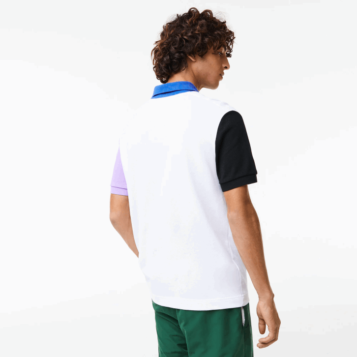 homens Lacoste branco preto roxo azul luc Polo petit piquê de algodão colorblock regular fit 08D0559