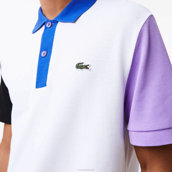 homens Lacoste branco preto roxo azul luc Polo petit piquê de algodão colorblock regular fit 08D0559